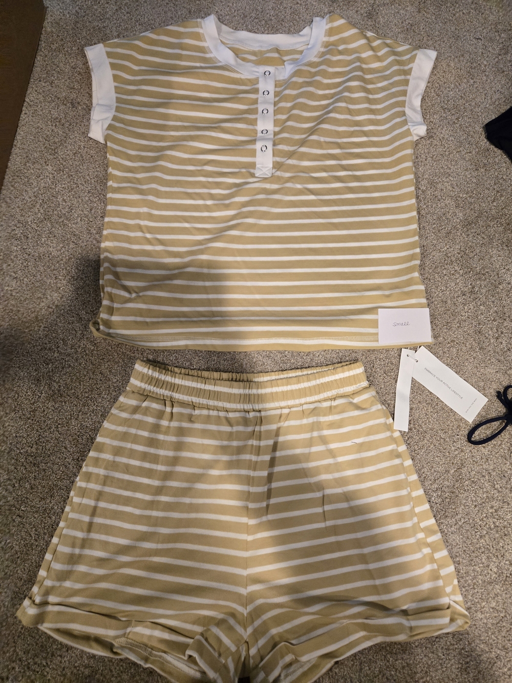Striped Short Sleeve Henley Top & Shorts Set - Yellow & White
